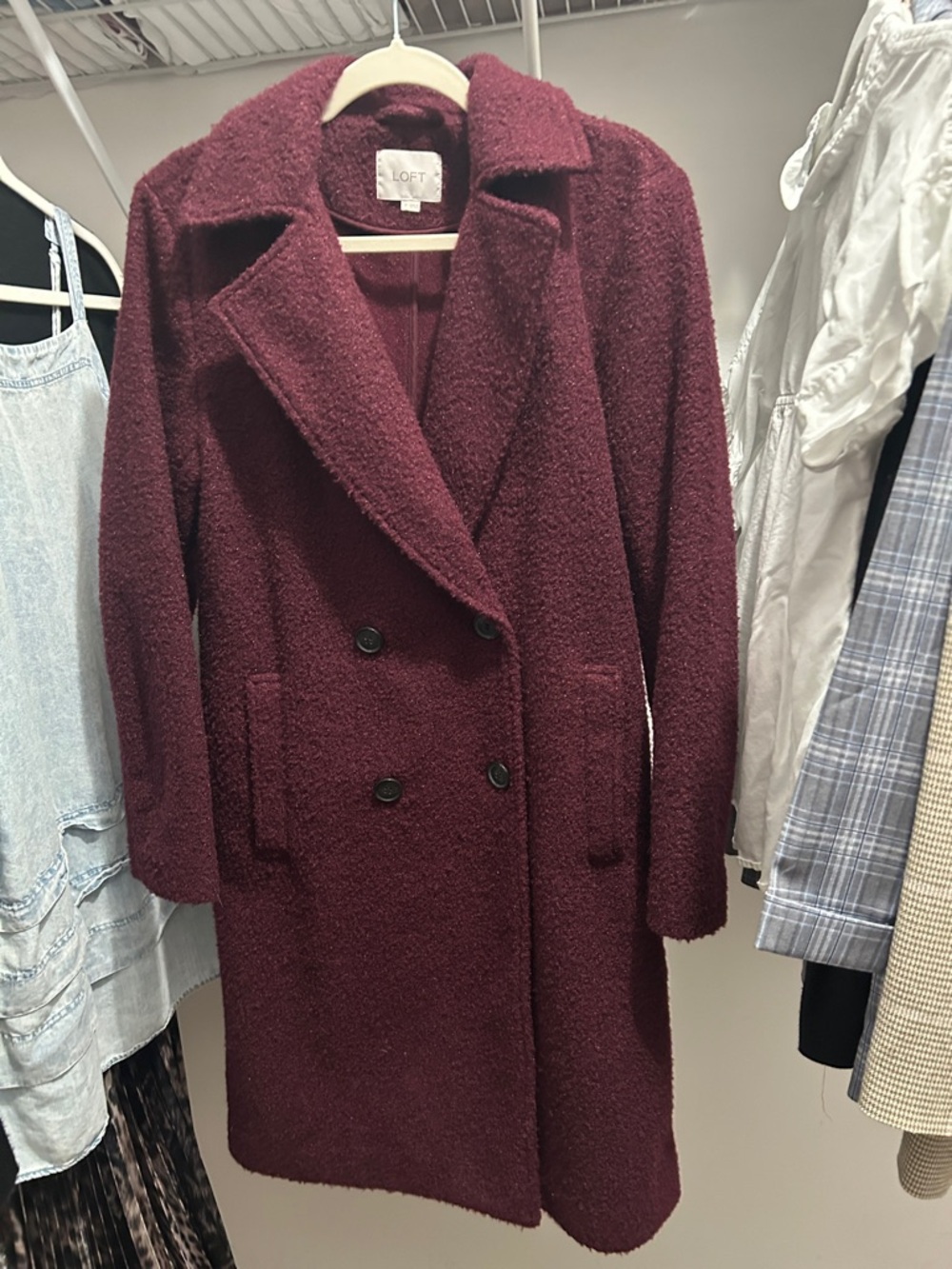 LOFT Women's Double-Breasted Burgundy Pea Coat - Picture 2 of 3